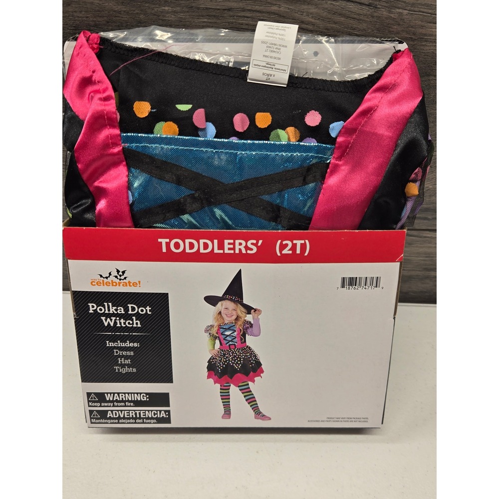 Way to Celebrate Polka Dot Witch Costume Toddler 2T Dress Hat Tights 3pc Set